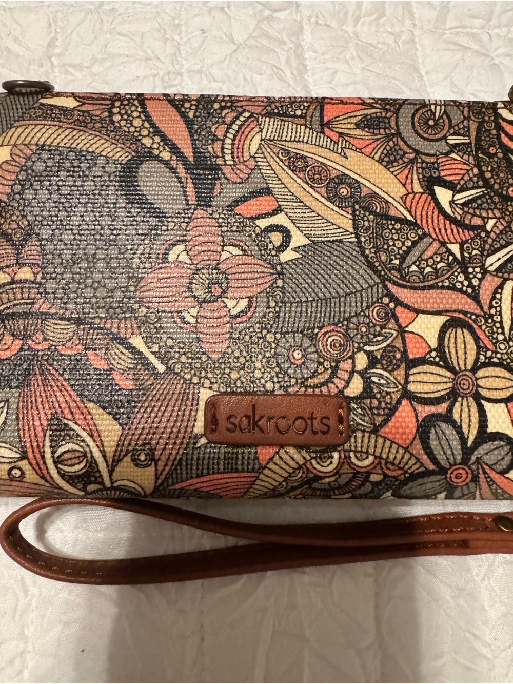 Sakroots Multicolor Floral Crossbody Wallet with Brown Trim - Picture 2 of 5
